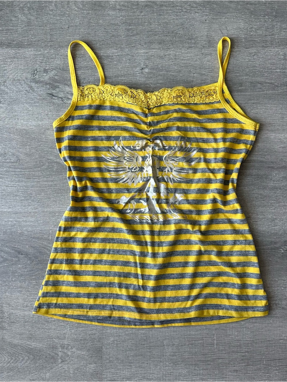 Y2K Yellow & Gray Striped Lace-Trim Cami Tank Top